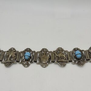 Vintage‎ Egyptian Revival Bracelet Faux Turquoise Silver Plate Arabic Filigree